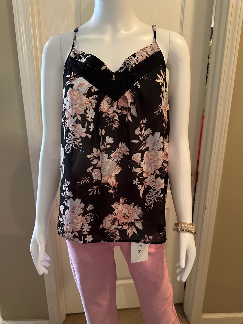 Charming Charlie Black Floral Lace-Trim Camisole